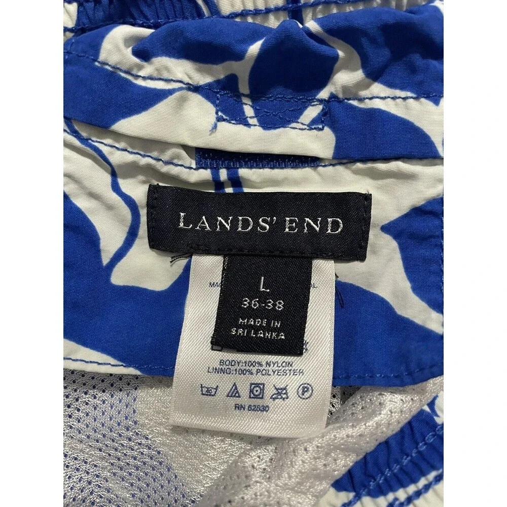 Lands End Swim Trunk Shorts Mens Large 36 38 Blue White Floral Pull On Lined